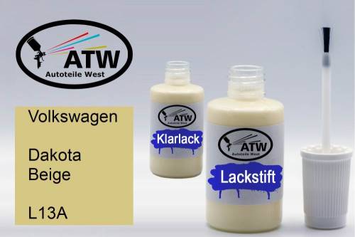 Volkswagen, Dakota Beige, L13A: 20ml Lackstift + 20ml Klarlack - Set, von ATW Autoteile West.